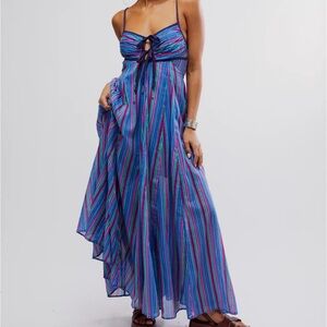 Free People Dream Weaver Maxi Dress L Boho Festival Tie Front Striped